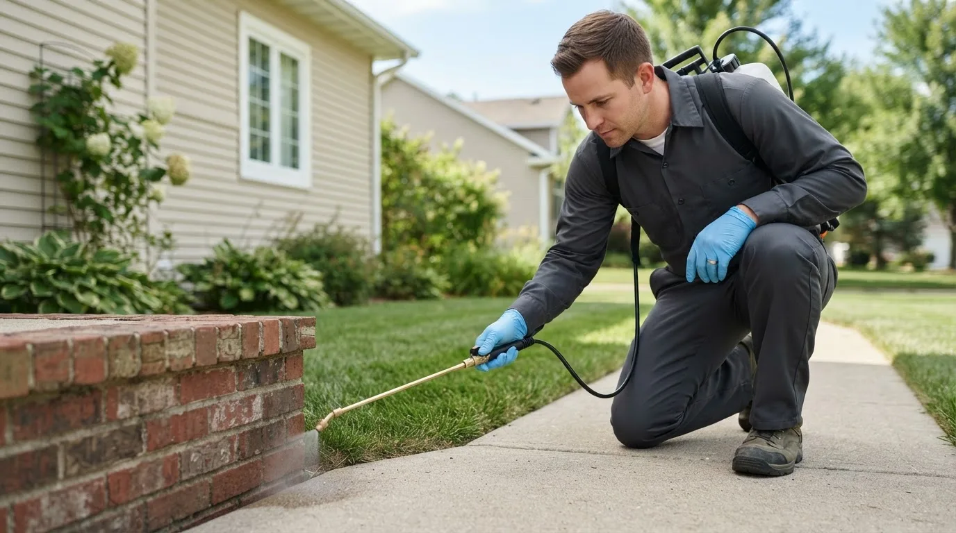 Pest control technician treating a home near Argyle, IA
