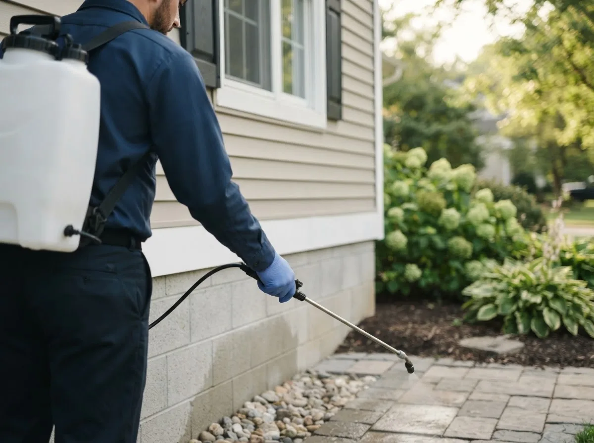 Pest control technician inspecting a home in Argyle, IA
